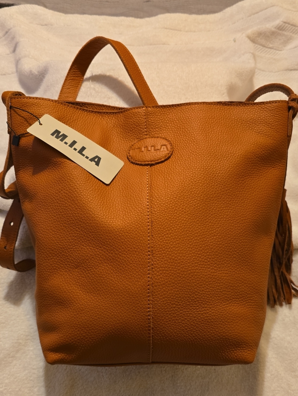 M.I.L.A. Brown Leather Tassel Bucket Shoulder Bag Boho Luxury NWT